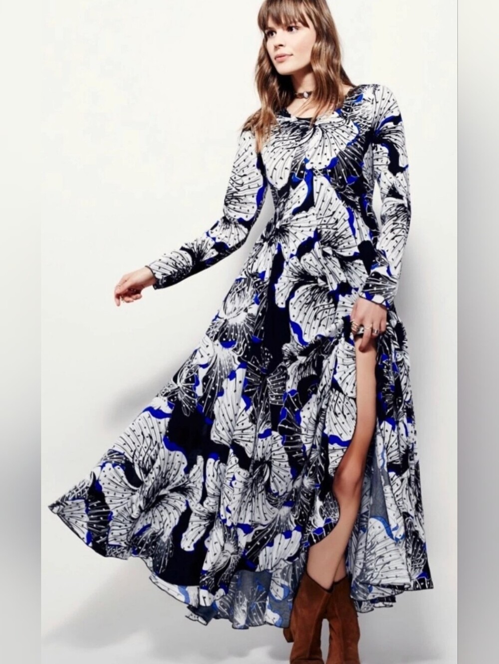 Free People Black, White & Blue Floral Maxi Dress